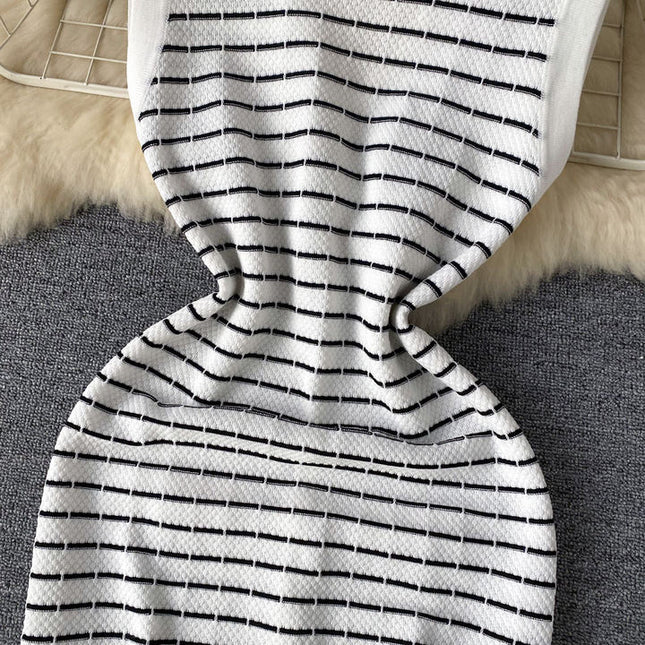 Knitwear Manufacturer Custom Contrast Color Striped V Neck Single Breasted Sleeveless Luxury Knit Dress