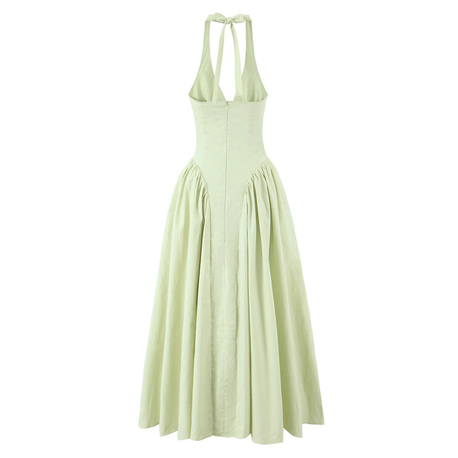 2 Colorway Solid Color Back Hollow Out Sleeveless Casual Fashion Cotton Halter Dress for Women