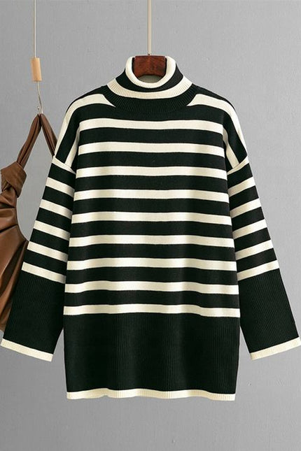 Women's Turtleneck Striped Pullover Sweater Large Size Loose Casual Knit Top Street Wear Long Sleeve Fashion Basic Sweater