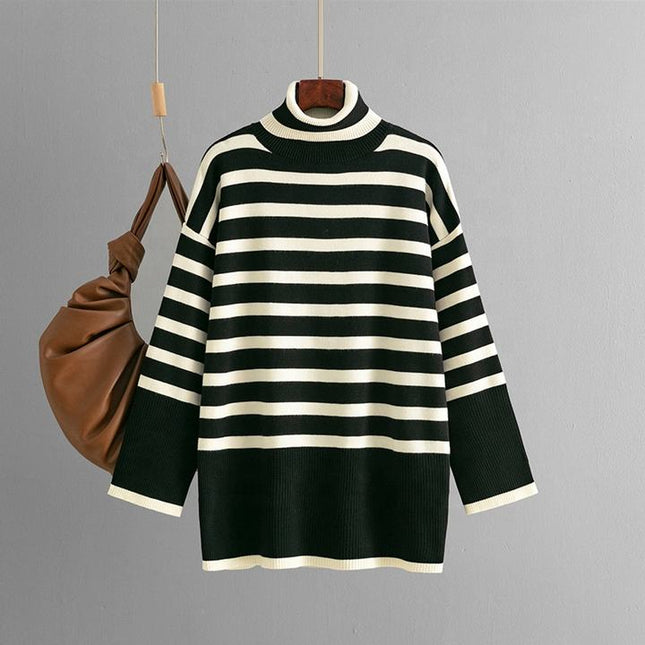Women's Turtleneck Striped Pullover Sweater Large Size Loose Casual Knit Top Street Wear Long Sleeve Fashion Basic Sweater