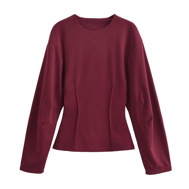 4 Colorway Solid Color Crew Neck Long Sleeve Casual Fashion Tops Blouse for Women