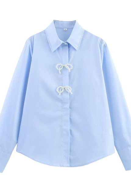 Turn Down Collar Long Sleeve Blue Color Bow Tie Casual Fashion Tops Blouse for Women