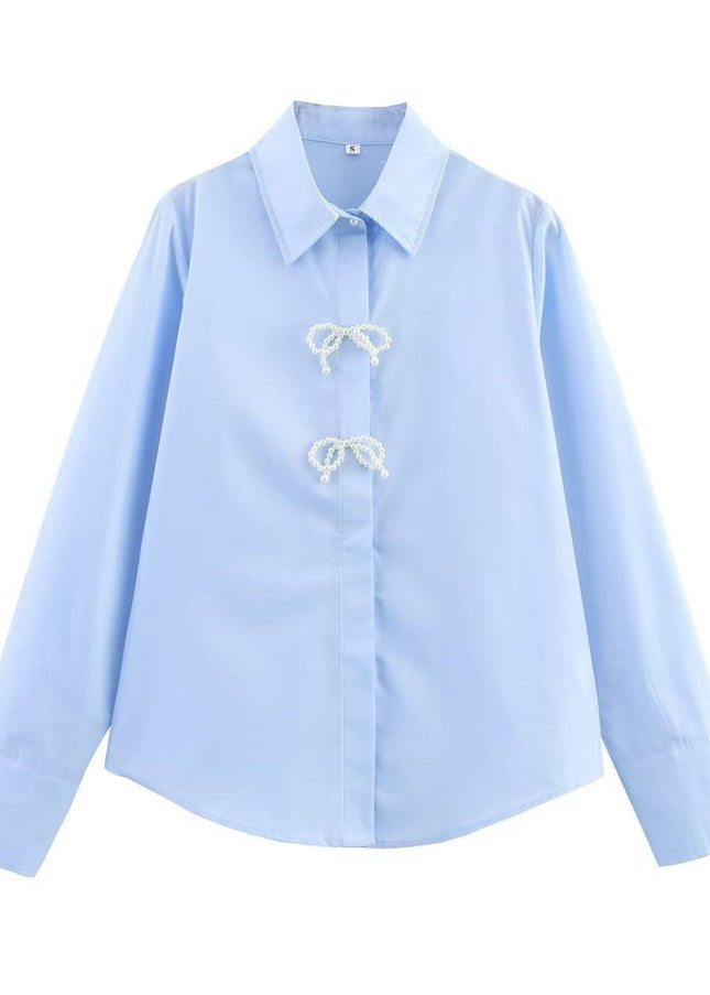 Turn Down Collar Long Sleeve Blue Color Bow Tie Casual Fashion Tops Blouse for Women