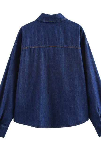 Turn Down Collar Long Sleeve Denim Blue Color Buttons up Casual Fashion Jeans Tops Blouse for Women