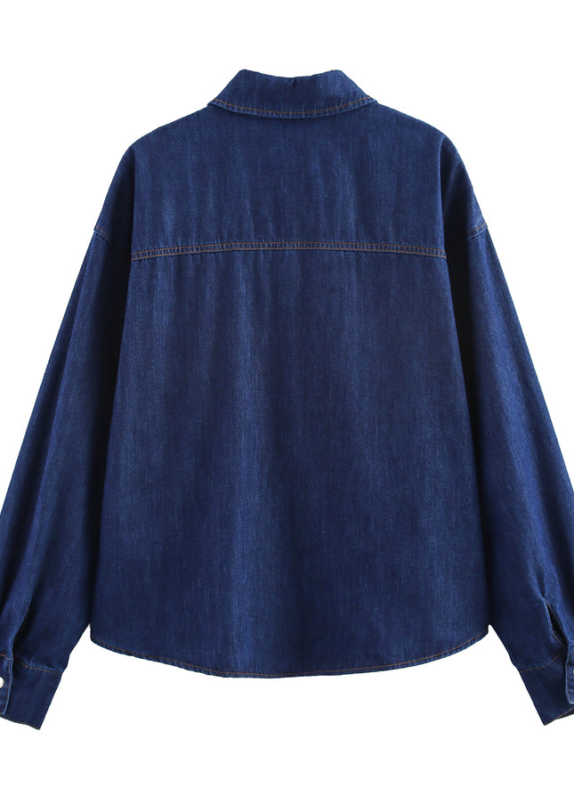 Turn Down Collar Long Sleeve Denim Blue Color Buttons up Casual Fashion Jeans Tops Blouse for Women