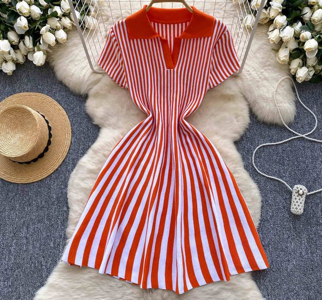 Cor Vintage francês Clash lapela manga curta listrada das mulheres A linha de malha Mini vestidos