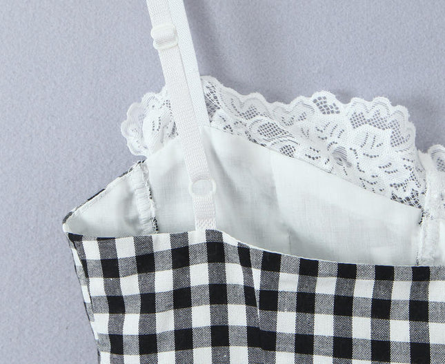 Spaghetti Strap Black White Color Plaid Print Front Bow Tie Lace Casual Fashion Women's Cotton tank Tops