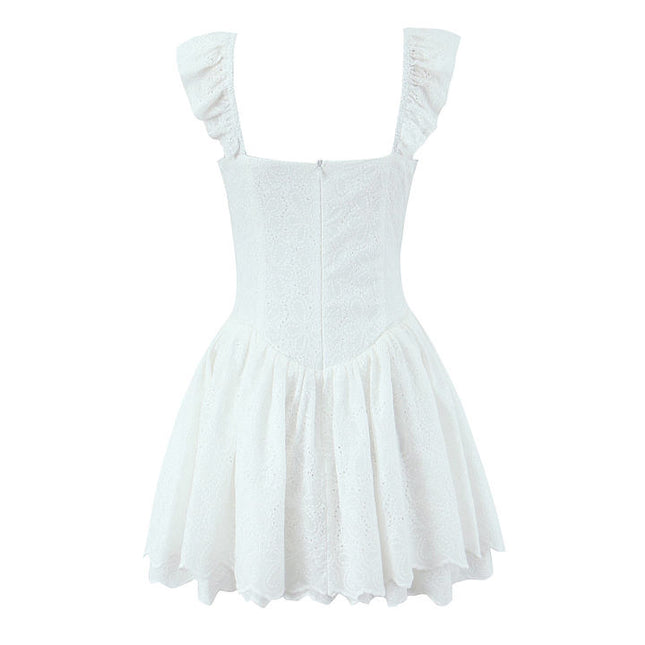 White Color Shoulder Strap Front Lace up Hot Sale Casual Fashion Cotton Mini slip Dress for Ladies