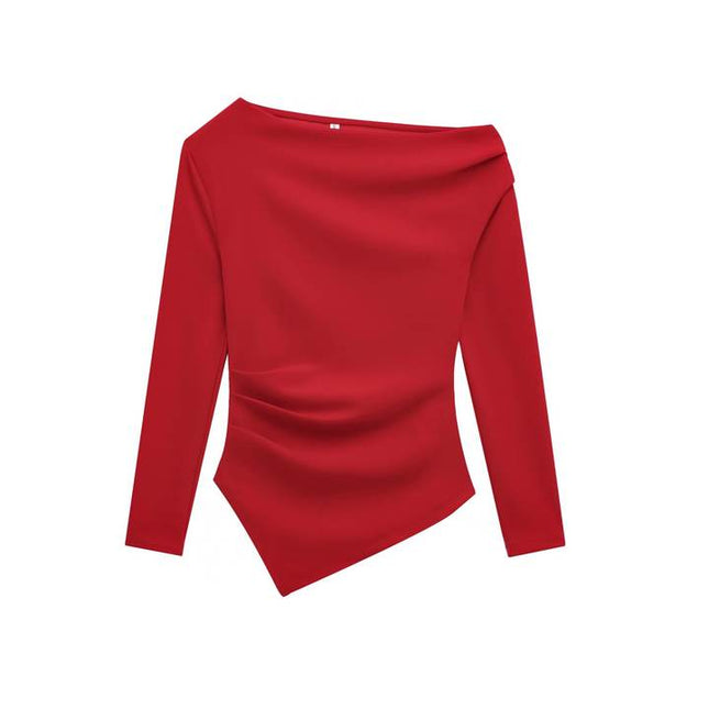 5 Colorway Solid Color Long Sleeve Asymmetrical Design Casual Fashion Blouse Tops for Women