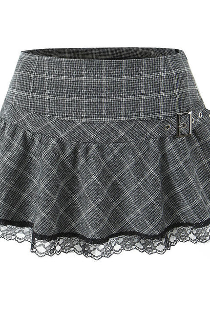 Gray Color Plaid Print Bottom Lace Hot Sale Casual Fashion Mini Skirt for Women