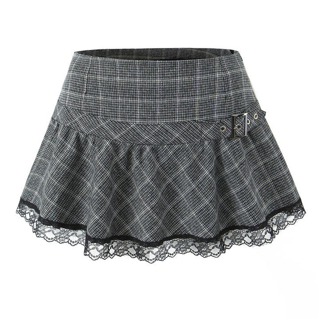 Gray Color Plaid Print Bottom Lace Hot Sale Casual Fashion Mini Skirt for Women