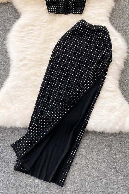 Summer Crop Top Vest Sexy Slit Diamond 2 Piece Two Piece Skirt Sets Women Outfits