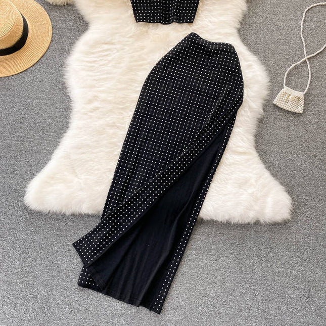 Summer Crop Top Vest Sexy Slit Diamond 2 Piece Two Piece Skirt Sets Women Outfits