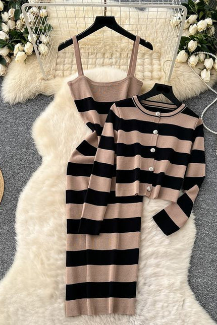 Striped Cardigan Coat Two-piece Dress for Women Vintage Charm Elegant Temperament Slimming Effect Sexy Form-fitting Maxi Dress