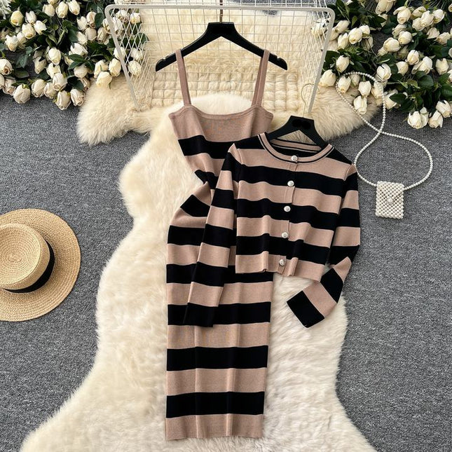 Striped Cardigan Coat Two-piece Dress for Women Vintage Charm Elegant Temperament Slimming Effect Sexy Form-fitting Maxi Dress