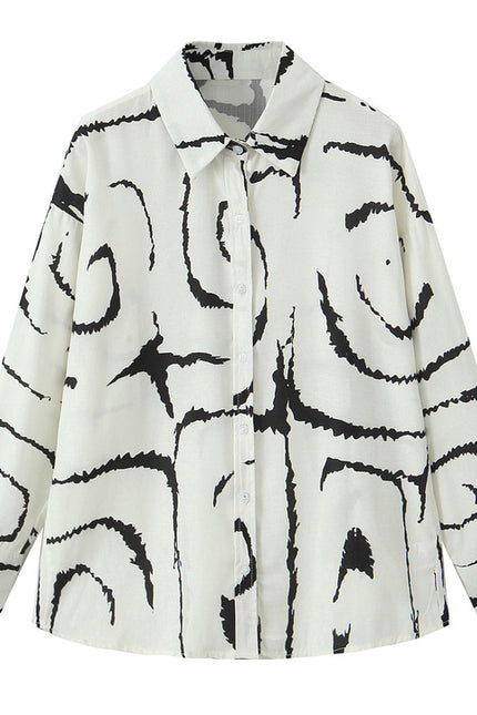 Beige Black Color Print Long Sleeve Buttons up Turn Down Collar Casual Fashion Tops Blouse for Women