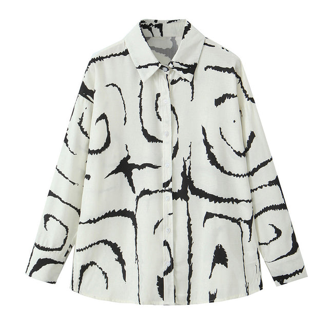 Beige Black Color Print Long Sleeve Buttons up Turn Down Collar Casual Fashion Tops Blouse for Women