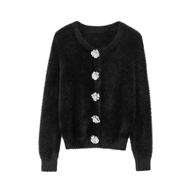 Crew Neck Single Breasted Black Color Long Sleeve Knitted Casual Fashion Cardigan Sweater for Women