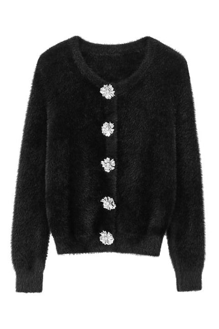 Crew Neck Single Breasted Black Color Long Sleeve Knitted Casual Fashion Cardigan Sweater for Women