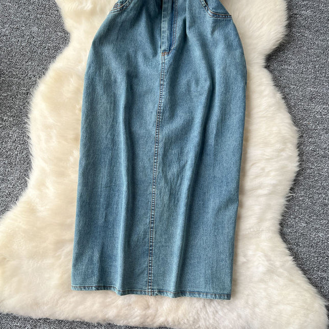 Korean Style Denim Dresses Women'S Summer Split Long Casual Dresses