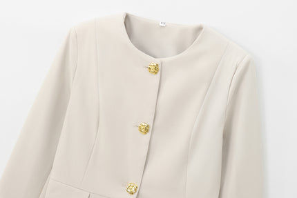Crew Neck Long Sleeve Beige Color Single Breasted Casual Fashion Jacket for Women