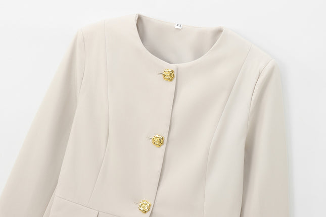 Crew Neck Long Sleeve Beige Color Single Breasted Casual Fashion Jacket for Women