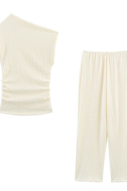 Asymmetrical Design Sleeveless Blouse Tops Beige Color Long Pants Casual Fashion Women 2 Piece Set