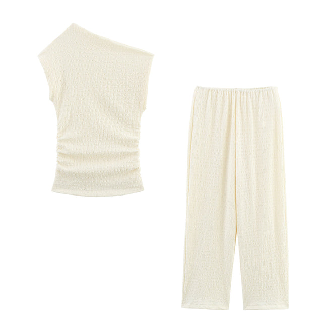 Asymmetrical Design Sleeveless Blouse Tops Beige Color Long Pants Casual Fashion Women 2 Piece Set