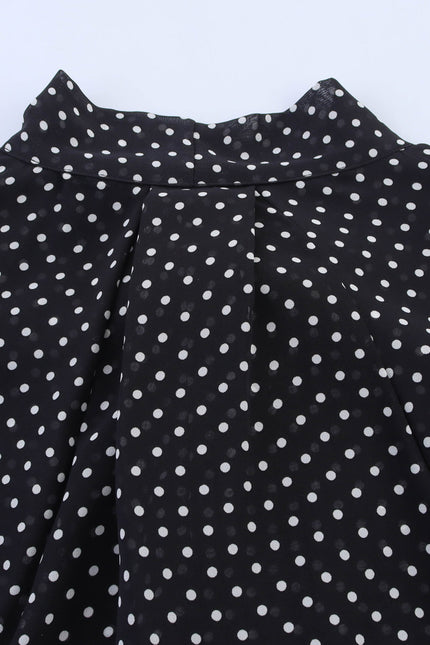 Bow Tie Collar Black Color Polka Dot Print Long Sleeve Casual Fashion Tops Blouse for Women