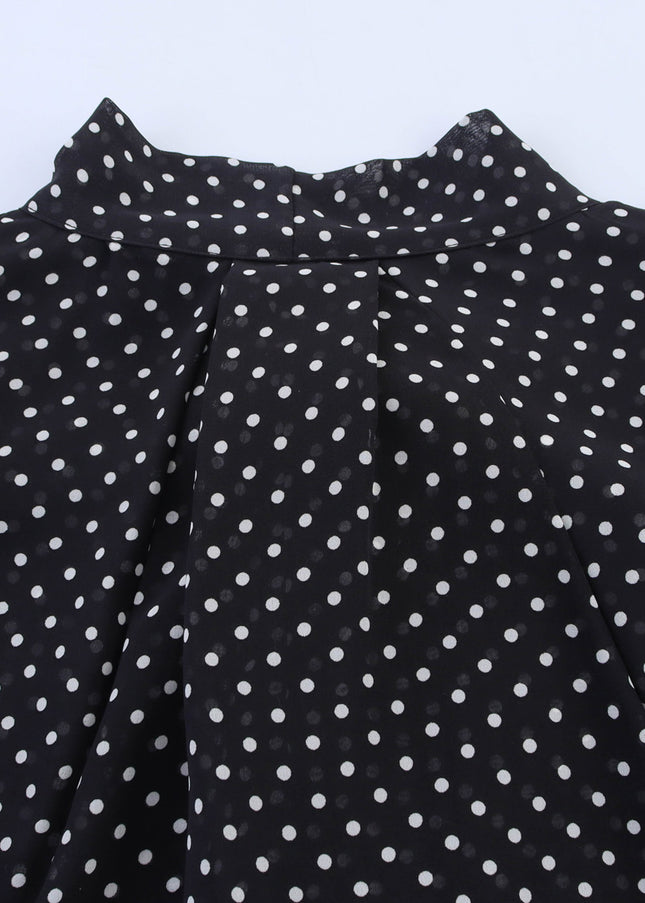 Bow Tie Collar Black Color Polka Dot Print Long Sleeve Casual Fashion Tops Blouse for Women
