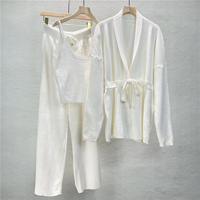Loose Casual Fashion Suit Women'S Fall and Winter Knitted Cardigan Jacket Suspenders Wide Leg Pants Three-Piece Set