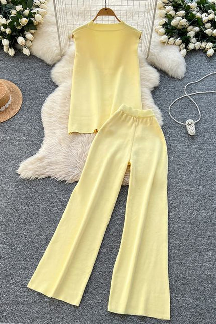 Verão Solid Sleeveless Cardigan Set Casual Metal Button Knit Vest Wide Leg Pants Set Knit Two Piece Set Mulheres