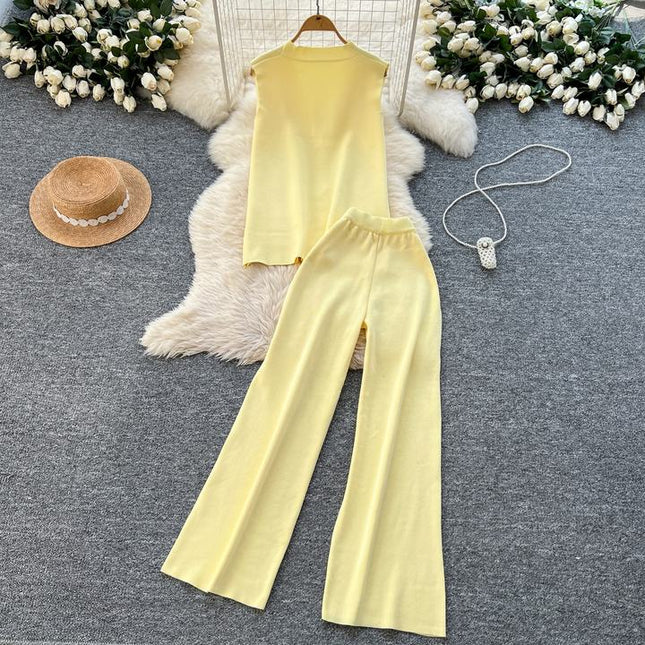 Verão Solid Sleeveless Cardigan Set Casual Metal Button Knit Vest Wide Leg Pants Set Knit Two Piece Set Mulheres
