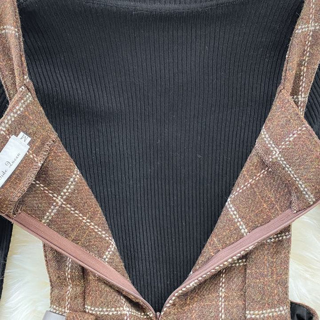 Checkered Strap Dress Autumn Winter Two Piece Set French Vintage Style Dress Stand up Neck Knit Top