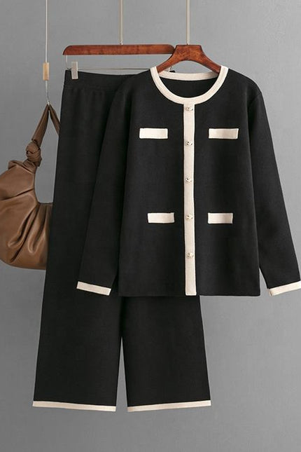 Wholesale Spring Round Neck Button Contrast Color Long Sleeve Top High Waist Wide Leg Knitted Trousers Women's Set