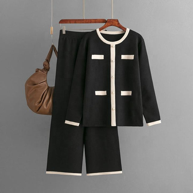 Wholesale Spring Round Neck Button Contrast Color Long Sleeve Top High Waist Wide Leg Knitted Trousers Women's Set