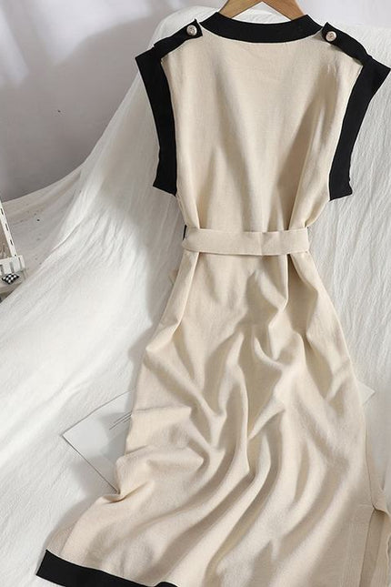 Contrast Color Sleeveless Vest Skirt for Summer New Single Breasted Split Knitted Slimming Dress for Women
