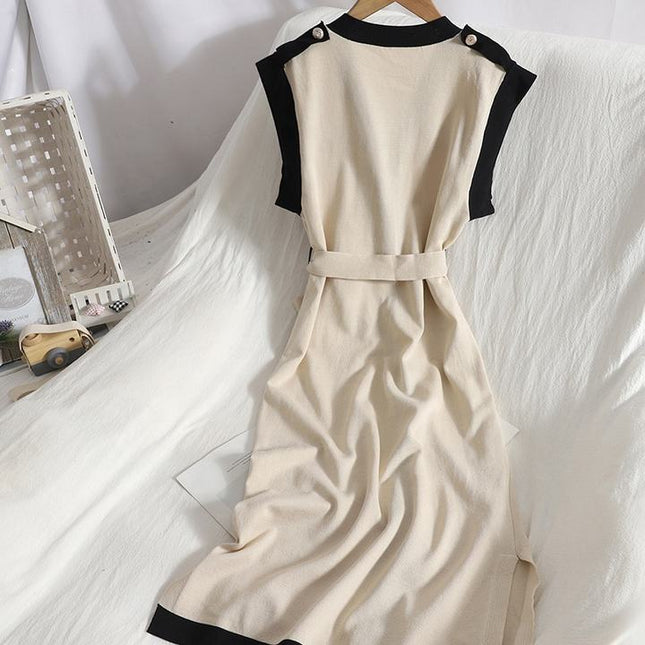 Contrast Color Sleeveless Vest Skirt for Summer New Single Breasted Split Knitted Slimming Dress for Women