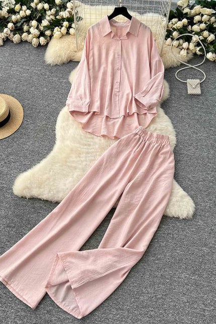 Casual Suit Women Loose Irregular Long Sleeve Shirt High-waisted Wide Leg Straight Pants Two Piece Set