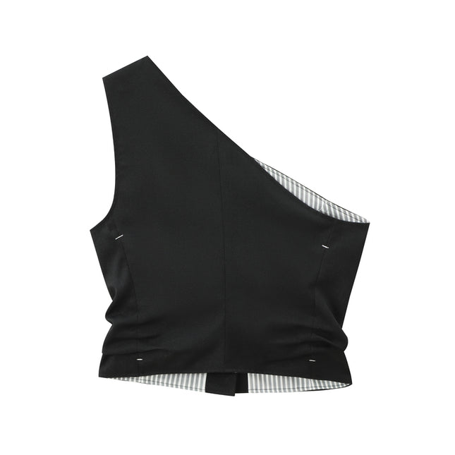 Black Color Buttons up Asymmetrical Design Casual Fashion tank Top for Women