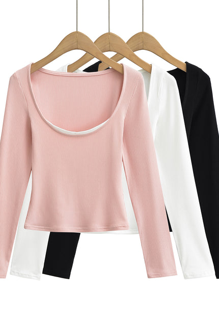 3 Colorway Solid Color Long Sleeve Knitted Crew Neck Casual Fashion Women t Shirt