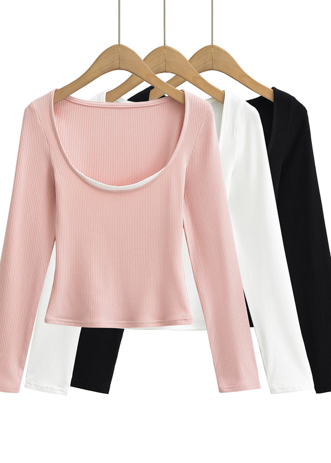 3 Colorway Solid Color Long Sleeve Knitted Crew Neck Casual Fashion Women t Shirt