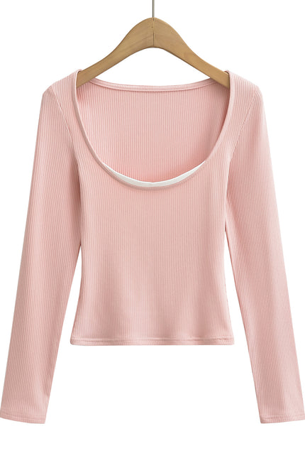 3 Colorway Solid Color Long Sleeve Knitted Crew Neck Casual Fashion Women t Shirt