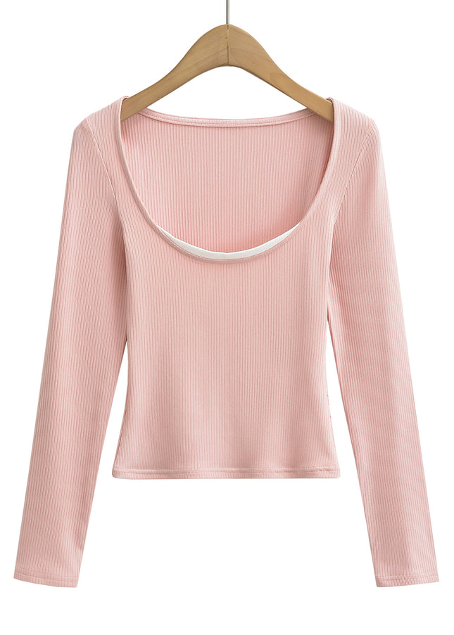 3 Colorway Solid Color Long Sleeve Knitted Crew Neck Casual Fashion Women t Shirt