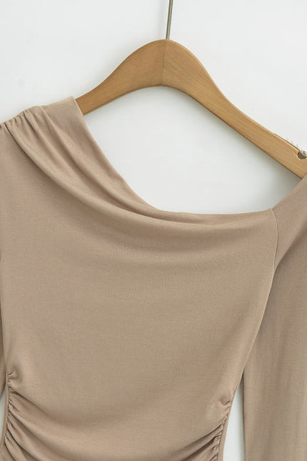 4 Colorway Asymmetrical Design Solid Color Long Sleeve Pleated Casual Fashion t Shirt for Women