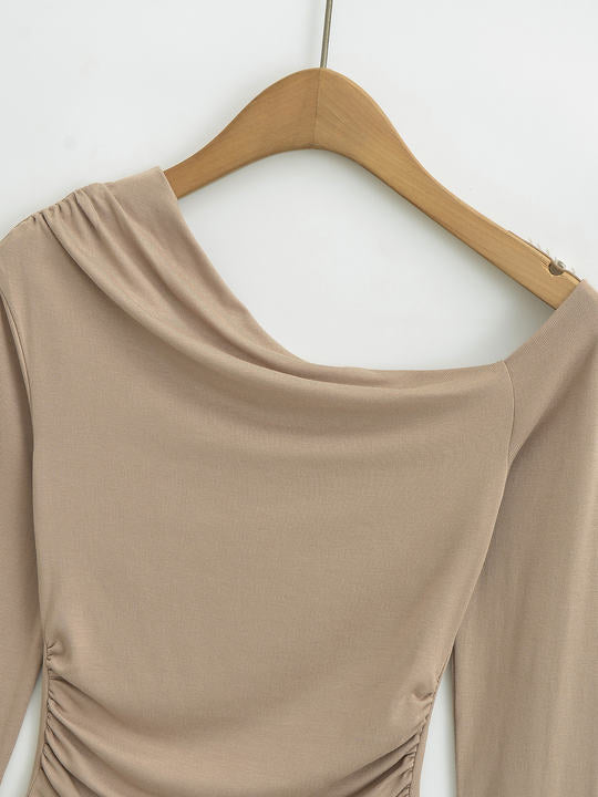 4 Colorway Asymmetrical Design Solid Color Long Sleeve Pleated Casual Fashion t Shirt for Women