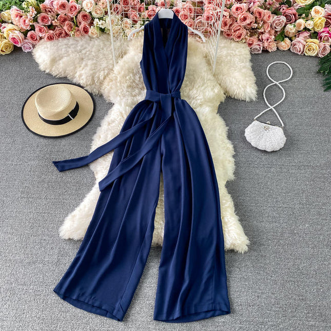 Summer Fashion V-Neck Sleeveless Hanging Neck Jumpsuit
