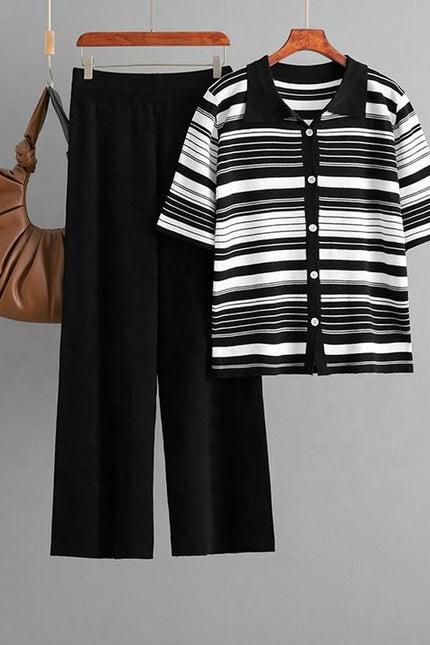 New European Design Striped Print Knit T Shirt Pants Set Women Knit 2 Pieces Sets Clothing