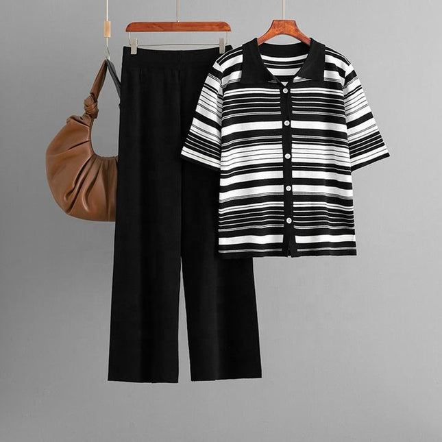 New European Design Striped Print Knit T Shirt Pants Set Women Knit 2 Pieces Sets Clothing