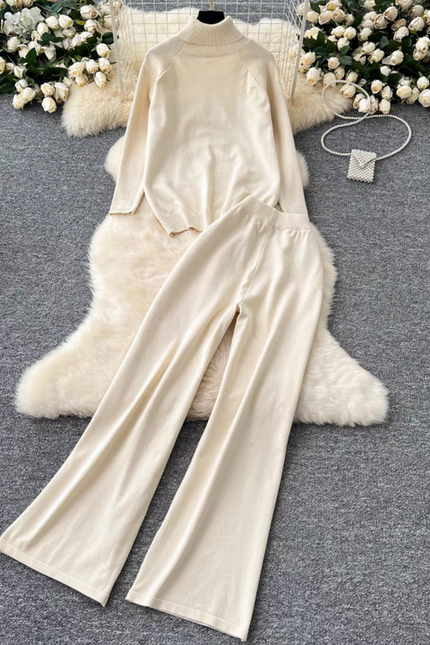 High Neck Sweater Women Versatile Autumn and Winter Lazy Style Long Sleeved Sweater High Waist Wide Leg Long Pants Two-piece Set